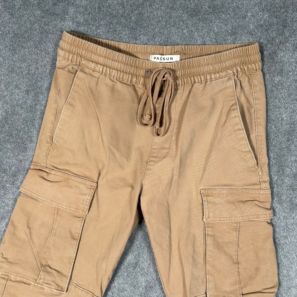 PacSun Mens Slim Fit Cargo Pants Tan Light Khaki Drawstring Elastic Waist Small - Picture 2 of 13